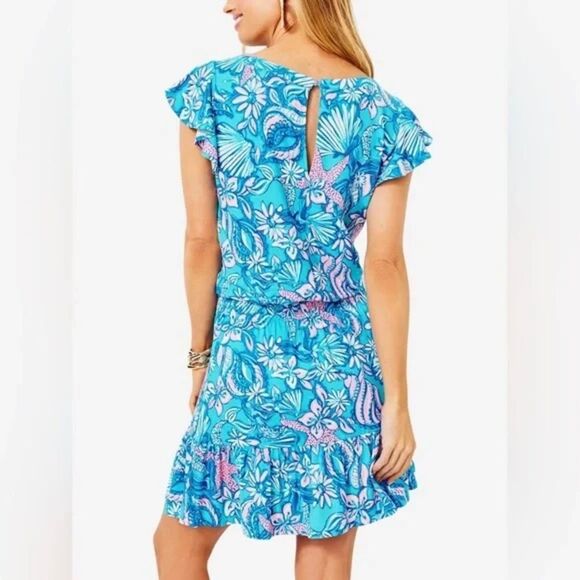 Lilly Pulitzer Ravi Short Sleeve Romper Size Medium Almafi Blue Floral/Shell - Picture 2 of 12